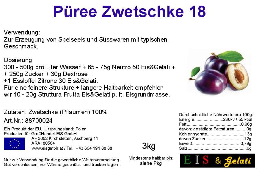Fruchtpüree Zwetschke 18. Mus, Pulpe, Mark. Eis-Gelati, Frubox. Als Eis, Cocktail und Saft. GroßHandel Eis GmbH