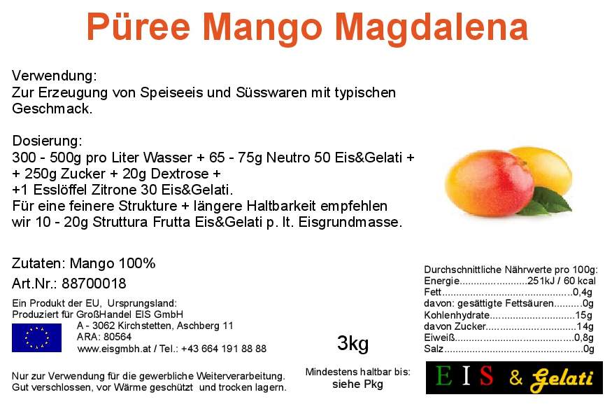 Etikett Mango Magdalena. GroßHandel Eis GmbH. Mangoeis. Fruchtpüree Mango Magdalena Eis & Gelati. 