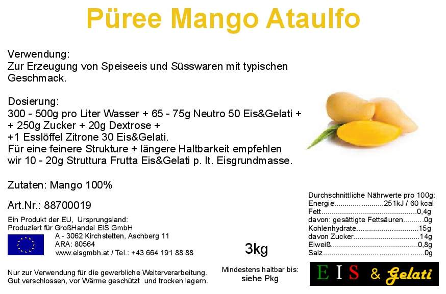Etikett Mangopüree Ataulfo. Eis & Gelati Fruchtpüree für Speiseeis. GroHandel Eis GmbH