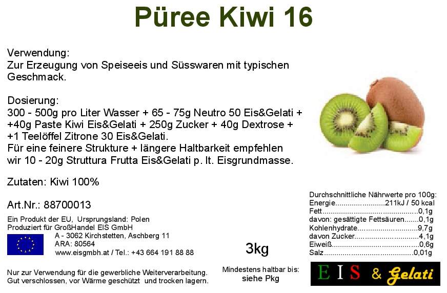 Etikett Fruchtpüree Kiwi, Superfood. Eis & Gelati Kiwipüree ohne Kerne für Speiseeis. GroßHandel Eis GmbH