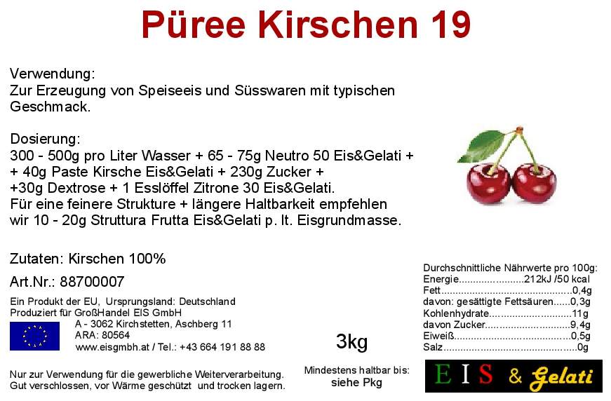 Etikett Eis & Gelati Kirschenpüree. Zur Herstellung von Speiseeis in Bag in Box Kirschenpüree. GroßHandel Eis GmbH