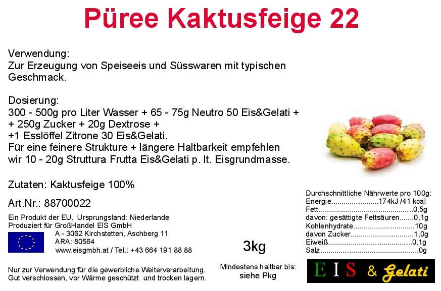 Etikett Kaktusfeigenpüree. Eis & Gelati Kaktusfeige. Superfood für Speiseeis und Konditoreiprodukte. GroßHandel Eis GmbH.