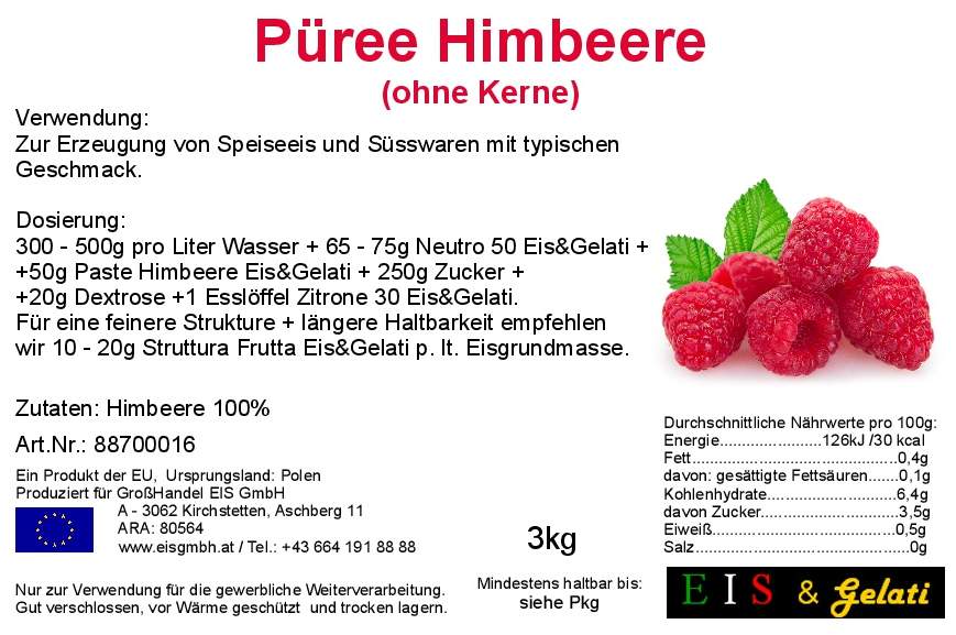 Etikett Eis & Gelati Himbeerpüree. Zur Herstellung von Speiseeis, Fruchtzubereitungen, Dicksaft, Konditoreiprodukte.