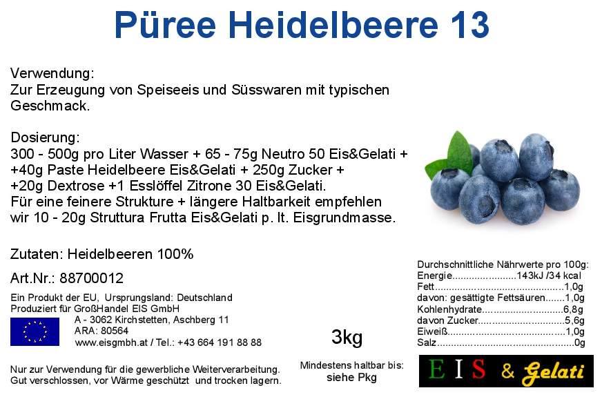 Etikett Heidelbeerpüree. Eis & Gelati Heidelbeeren als Fruchtpüree. Für Speiseeis, Smoothies, Konditoreiprodukte