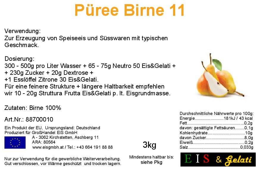 Etikett Eis & Gelati Birne, die macht glücklich. Für Speiseeis, Konditoreiprodukte, Saucen für Eisbecher