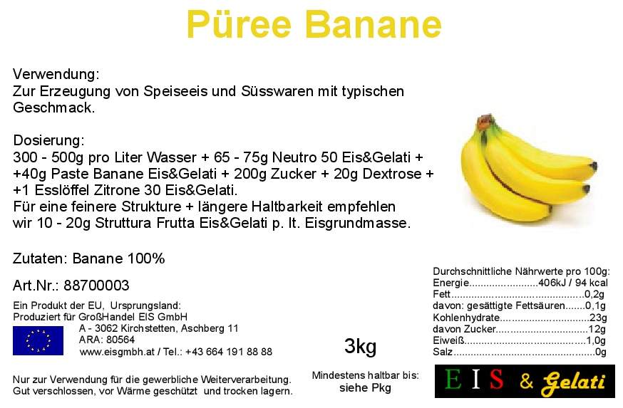 Eis & Gelati Bananenpüree. Fruchtpüree für Speiseeis, Smoothies, Konditoreiprodukte. GroßHandel Eis GmbH