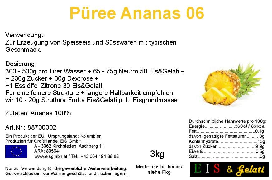 Etikett für Ananas Fruchtpüree aus 100% Ananas wie Hawaiiananas. GroßHandel Eis GmbH. 