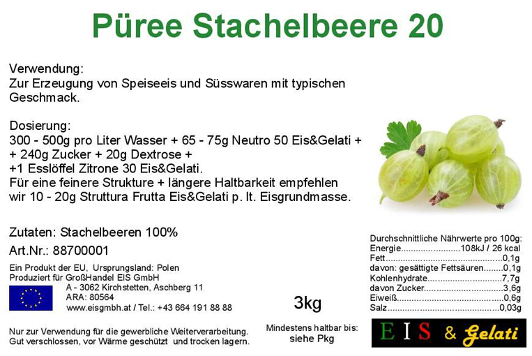 Etikett Püree Stachelbeere. Stachelbeeren als Grundstoff 100% Stachelbeerenpüree Eis & Gelati. Fruchtpüree für Speiseeis. GroßHandel Eis GmbH