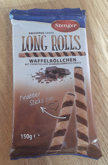 Hohlhippen mit dunkler Schokoladecremefüllung und Kakaostreifen. Long Rolls. Stenger Waffeln und GroßHandel Eis GmbH